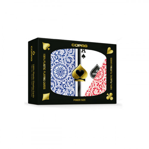 Set carti de joc Copag 1546 (Brazilia), 100% plastic, 2 pachete, rosu si albastru, in cutie de plastic