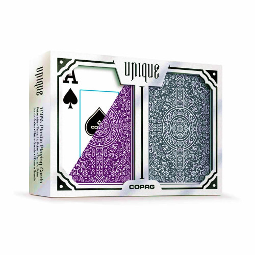 Set carti de joc poker Copag Unique (Brazilia), 100% plastic, 2 pachete, purple si grey, in cutie de lux alba