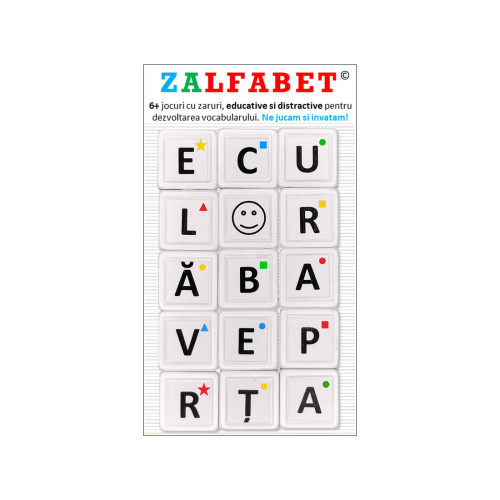 ZALFABET - Set de 6 jocuri cu zaruri si litere, educative si distractive pentru dezvoltarea vocabularului